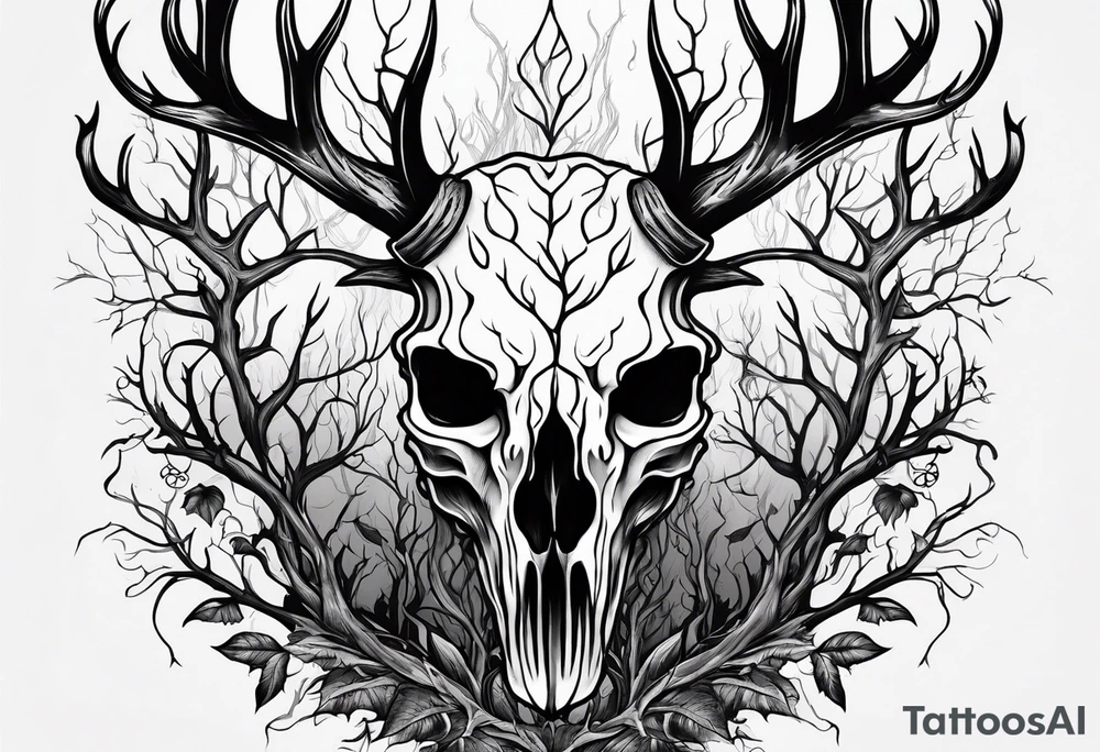 A scary decayed deer skull head human body with flames and trees tattoo idea