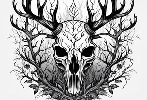 A scary decayed deer skull head human body with flames and trees tattoo idea