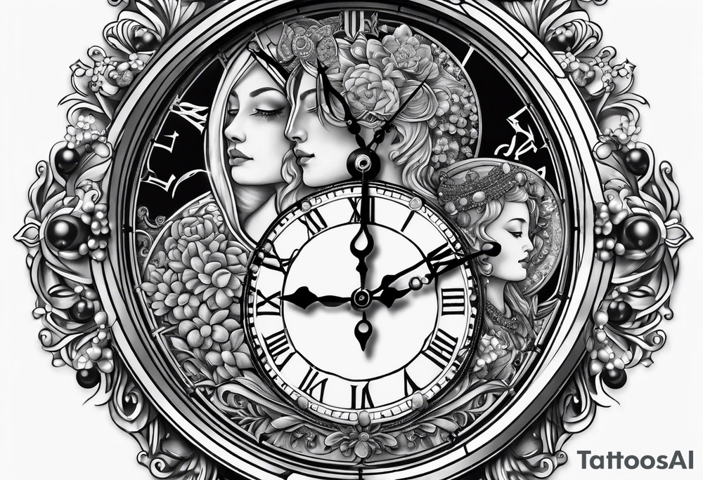 2 heads, timeless clock, rosary tattoo idea