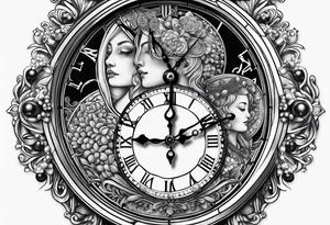 2 heads, timeless clock, rosary tattoo idea