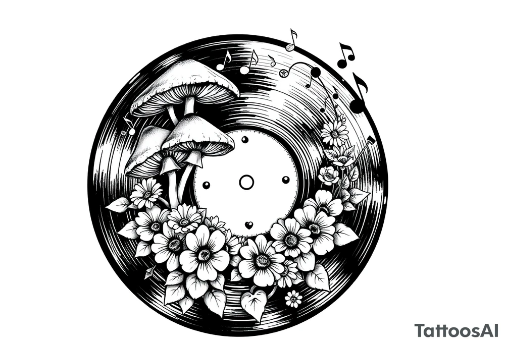 vinyl record with mushrooms, flowers, hearts, and music notes tattoo idea