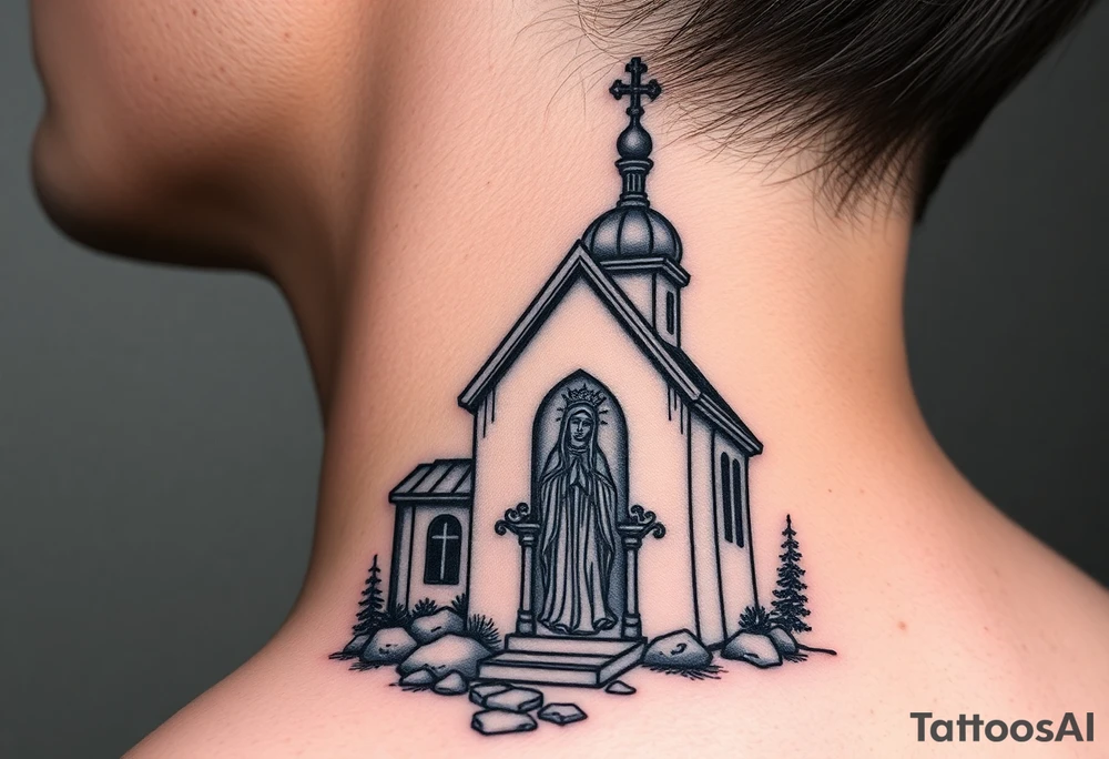 Traditional russian orthodox church in a wilderness setting with a prominent orthodox style virgin mary tattoo idea