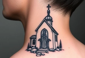 Traditional russian orthodox church in a wilderness setting with a prominent orthodox style virgin mary tattoo idea