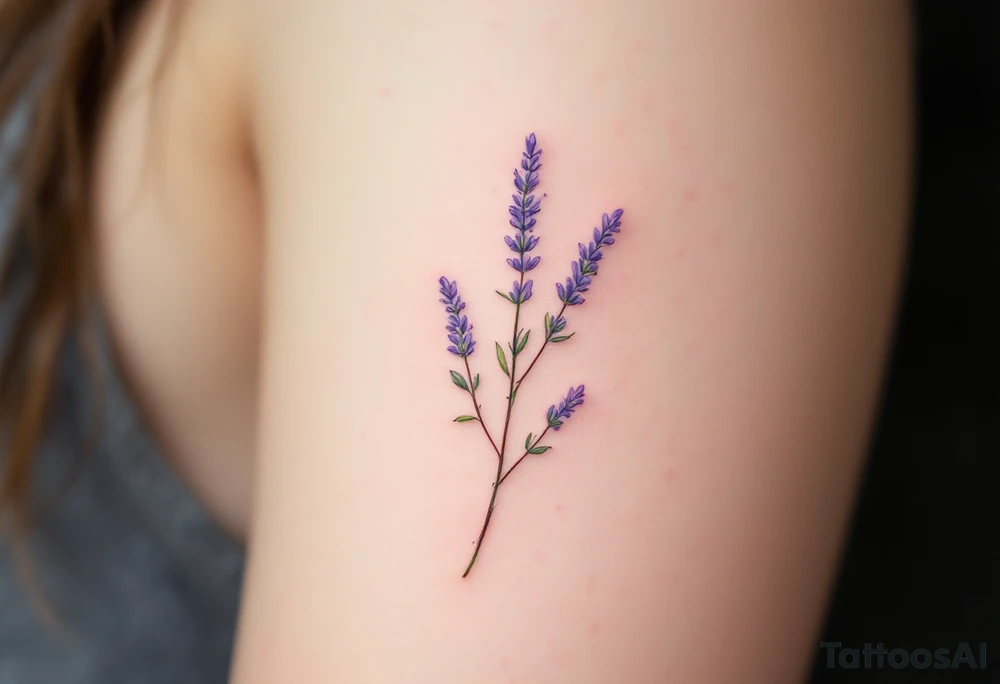 A single delicate lavender sprig in soft purple and green, with fine watercolor shading for a natural, airy look. tattoo idea