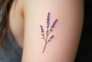 A single delicate lavender sprig in soft purple and green, with fine watercolor shading for a natural, airy look. tattoo idea