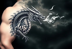 fierce dragon breathing iridescent fire against stormy skies tattoo idea