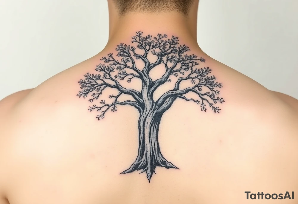 Live oak Tree with bark and leaves tattoo idea