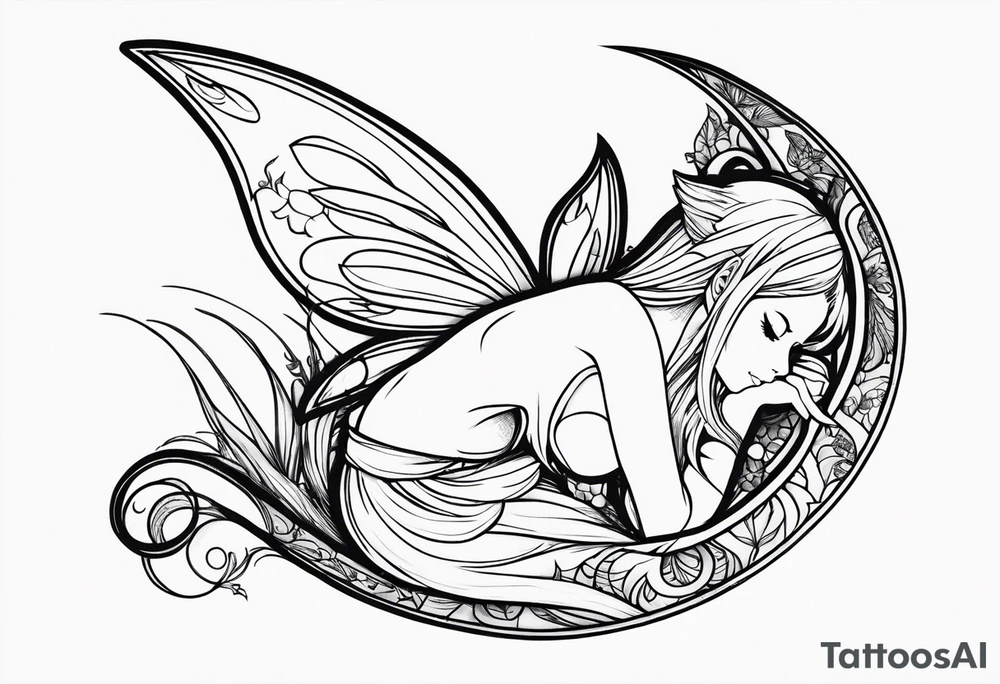 No color fairy with a tail inspired by the logo of the anime show called Fairy Tail in a fetal position leaning in and forward while sleeping tattoo idea