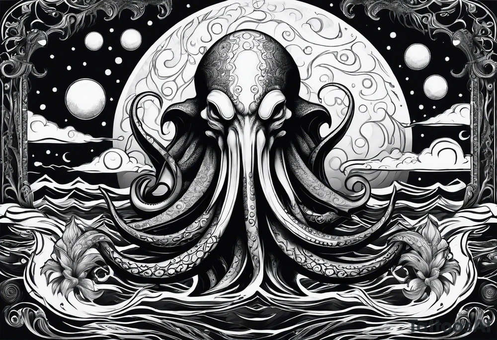 cthulu emerges from the water with the moon phases tattoo idea