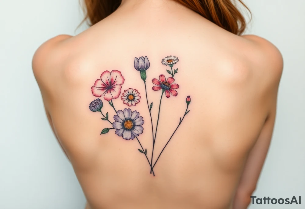 flower arrangment ,include two carnations, one violet, two daisies, one cosmos, and one peony tattoo idea