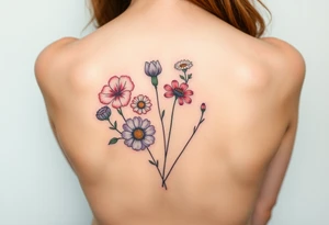flower arrangment ,include two carnations, one violet, two daisies, one cosmos, and one peony tattoo idea