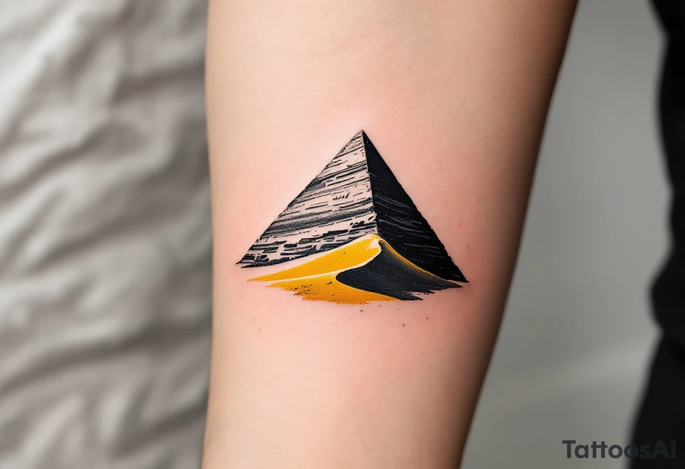 A jet-black pyramid casting a shadow over a golden sand dune. tattoo idea