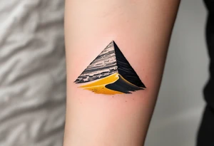 A jet-black pyramid casting a shadow over a golden sand dune. tattoo idea