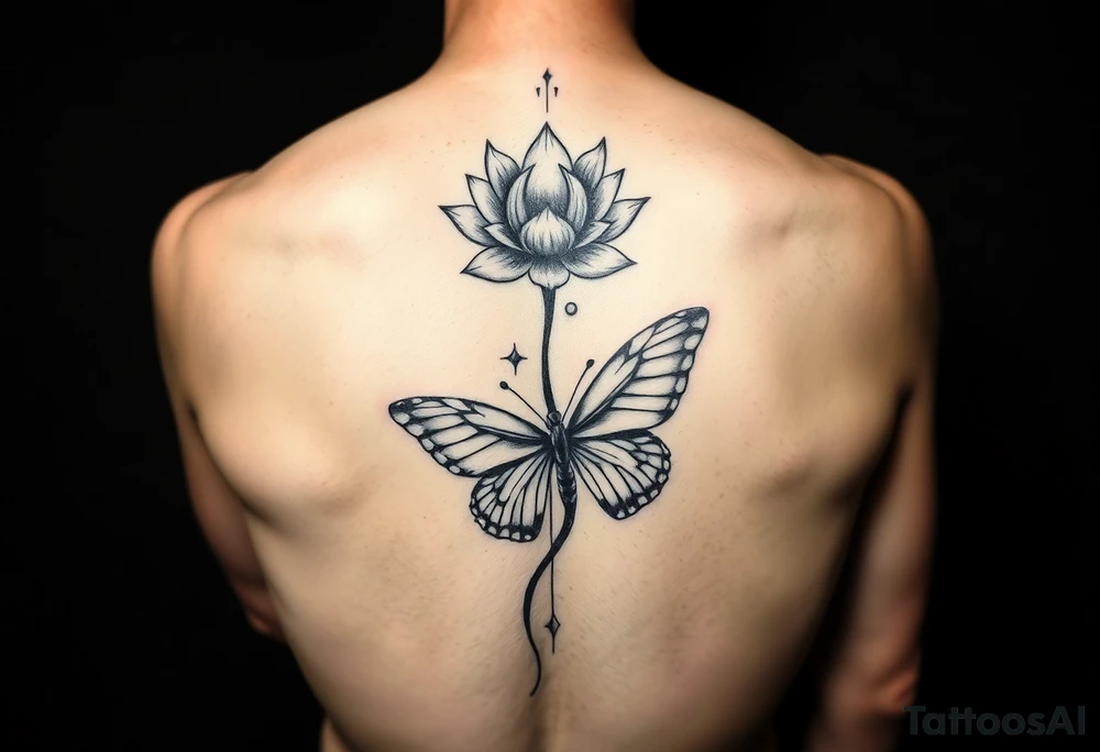 Elegant spine tattoo with lotus flower and butterfly with cracked wings mid back down tattoo idea