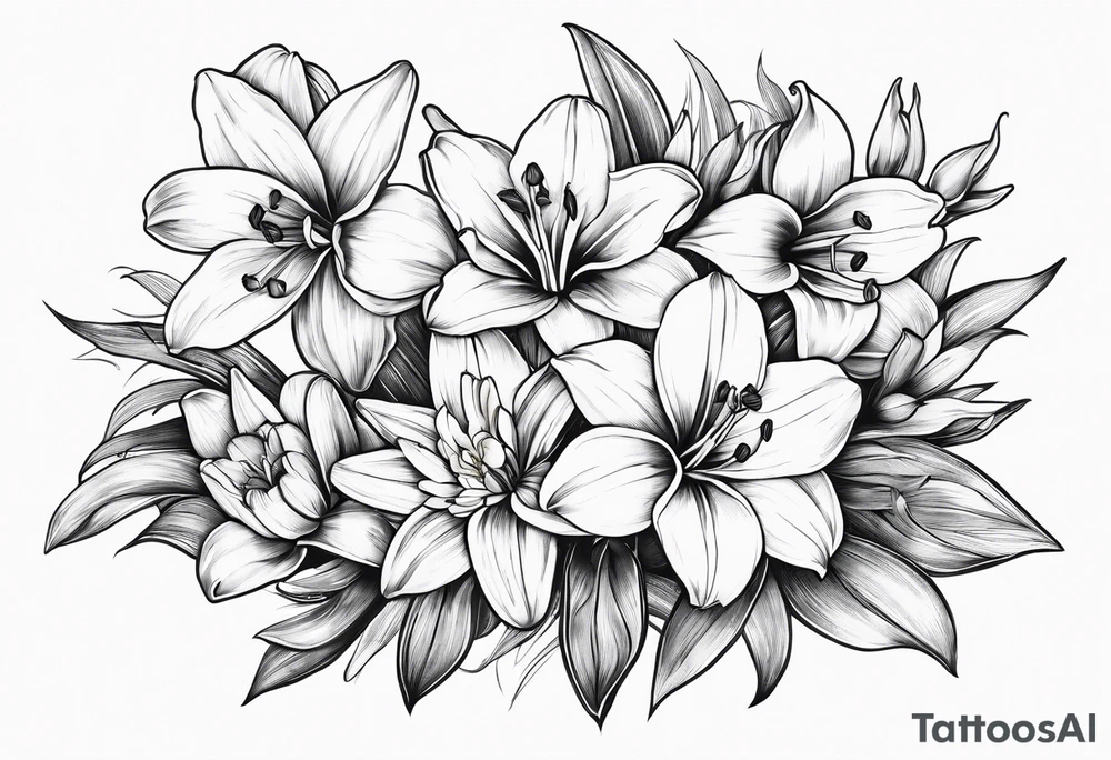 bouquet of flowers containing one lily, one daisy, one daffodil, and one narcissus. fine line with the stems in a bouquet tied by a bow. tattoo idea