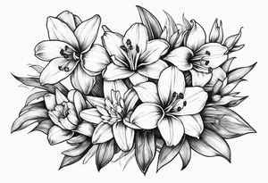 bouquet of flowers containing one lily, one daisy, one daffodil, and one narcissus. fine line with the stems in a bouquet tied by a bow. tattoo idea