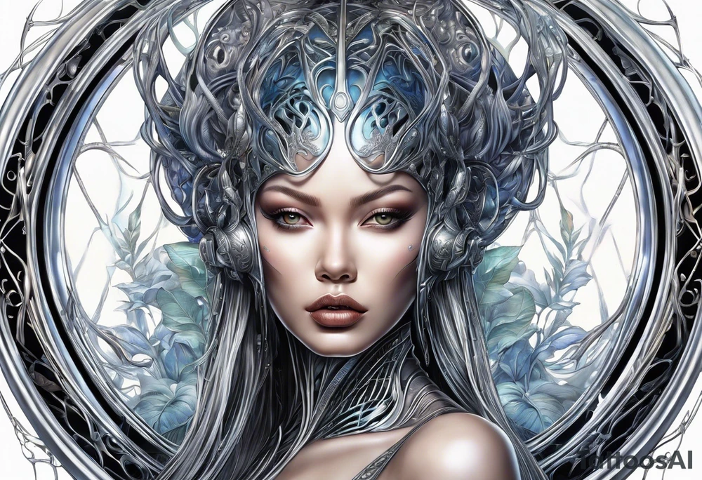 Hajime Sorayama type blended with HR Giger alien woman with vines tattoo idea