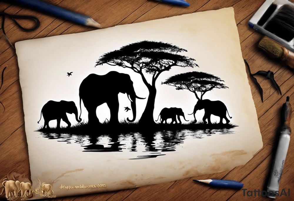 “AI, can you create a unique tattoo design for me? I envision three elephants – a small one in the front, the dad behind, and the mom behind the dad. I’d like the background to feature a rising sun and an African tree. Feel free to add your artistic touch and details to make it special.” tattoo idea