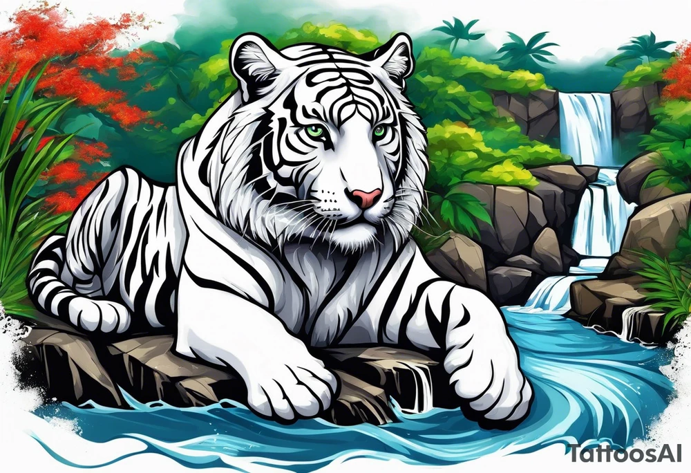 A white tiger and black tiger on opposite sides of a waterfall with an calligraphy ink container at the top and the Bahamian and Jamaican flag on opposite sides tattoo idea