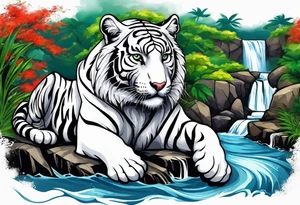 A white tiger and black tiger on opposite sides of a waterfall with an calligraphy ink container at the top and the Bahamian and Jamaican flag on opposite sides tattoo idea