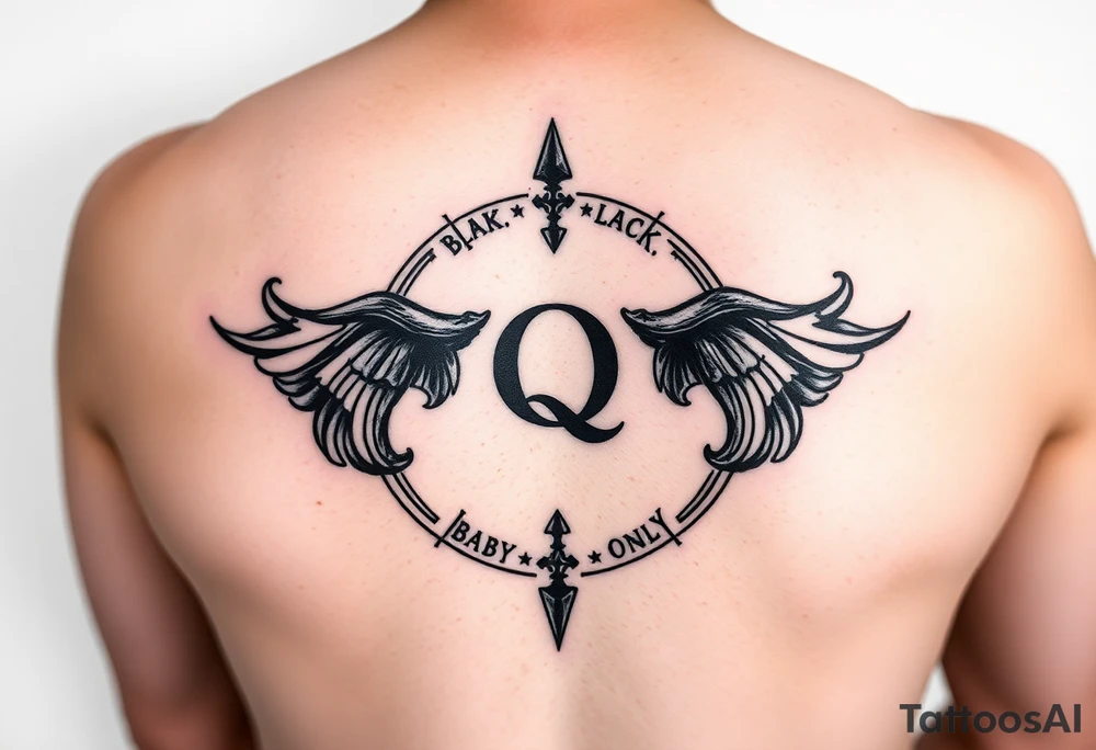 A womb tattoo with a Q in the center, with three points around the outside. The first reading, "BLACK". The second reading, "BABY". The third reading, "ONLY". tattoo idea