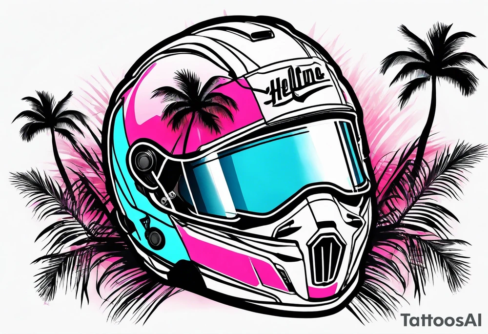 formula 1 helment with a palm tree and black light blue and pink colors tattoo idea
