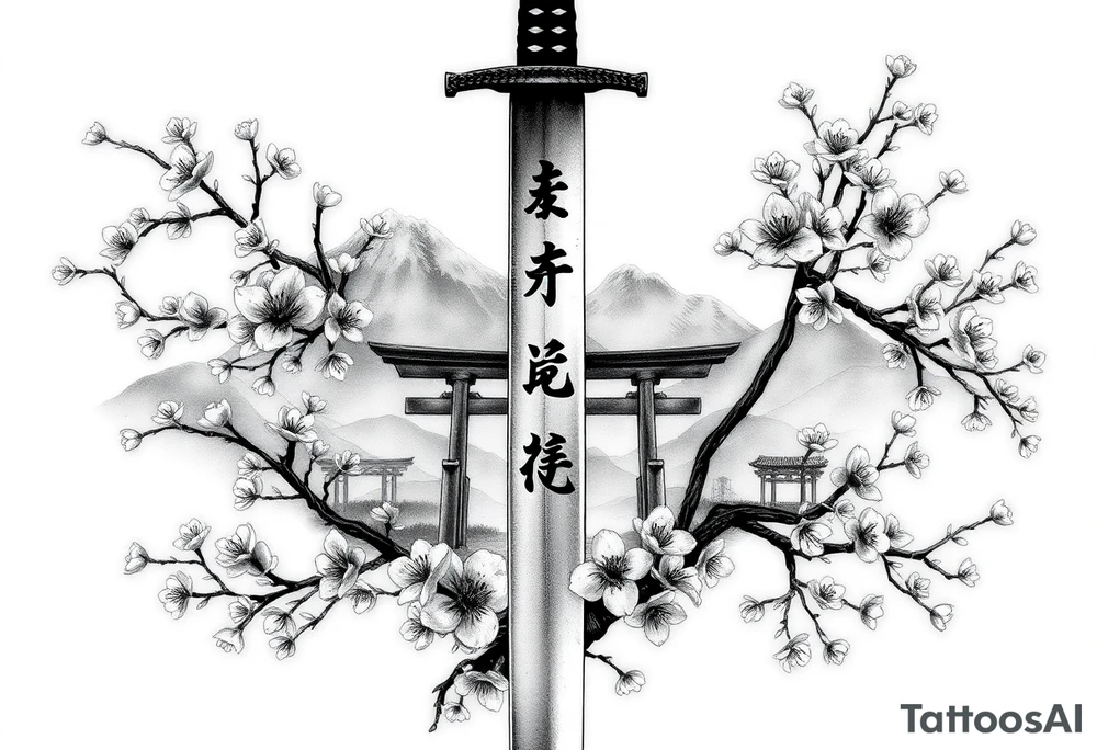 This is a black and gray realism tattoo rooted in discipline, duality, and intention. The centerpiece is a vertical katana, modeled after your original ink, clean and upright like a spine—symbolizing focus, precision, and grounded energy. It’s wrapped in the flowing limbs of a sakura tree, not as an accessory, but as an extension of the blade itself—representing beauty that blooms in adversity. Cherry blossoms aren’t scattered for aesthetics—they move with the wind, some drifting in the foreground, others clinging to the sword like it’s their protector. Behind it all sits a misty torii gate and layered mountains, giving the piece weight, history, and spiritual context. The kanji 平和の剣 (“Sword of Peace”) rides the piece vertically, not slapped on but earned—a message that resonates from the blade outward. The shading is deep and unifying, giving everything one breath, one tone, one story. Nothing floats, nothing competes. The sword doesn’t dominate the art—it becomes the axis around which peace, nature, and power orbit. tattoo idea