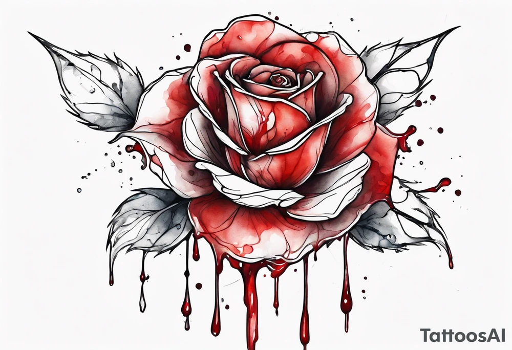 rose flower, one line, red blood dripping from the flower, tall, watercolor tattoo idea
