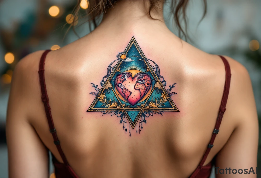 A triangle with a big heart in the center with a world travel theme tattoo idea