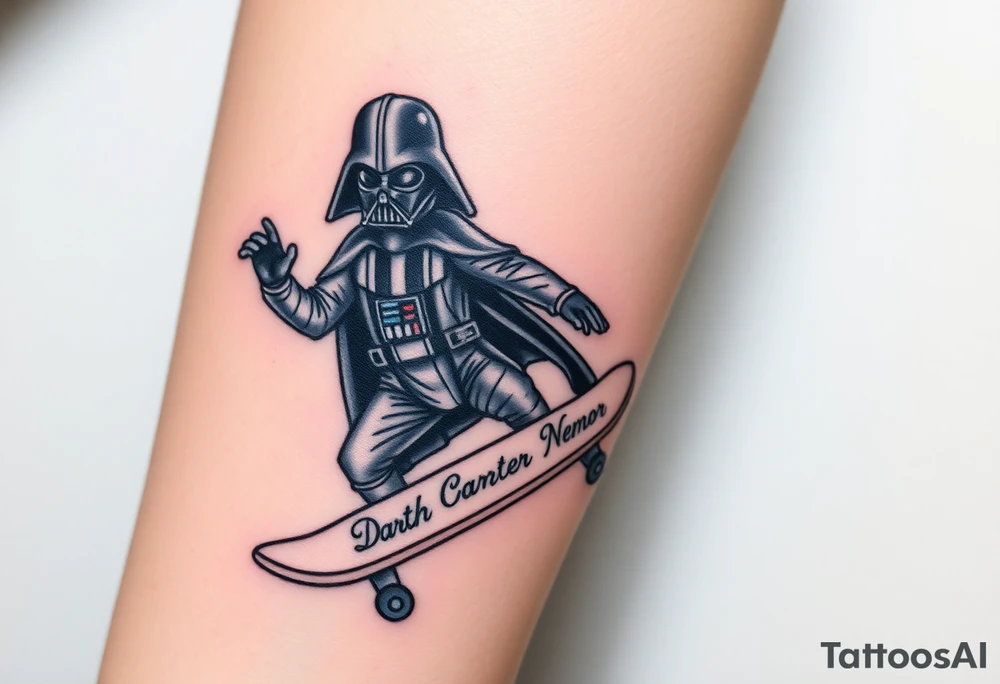 Darth Vader skateboarding holding 9mm beretta > bullets > memorial > god > colors > futuristic 
add name "Darth Carter" on skateboard
add date in loving memory 12/29/88-01/06/24 tattoo idea
