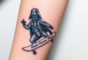 Darth Vader skateboarding holding 9mm beretta > bullets > memorial > god > colors > futuristic 
add name "Darth Carter" on skateboard
add date in loving memory 12/29/88-01/06/24 tattoo idea