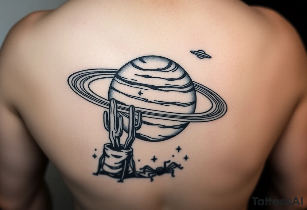 saturn with the rings being a rollercoaster track, and on the land i want the cactus jack cactus, a spider and the yeat UFO, on the forearm tattoo idea