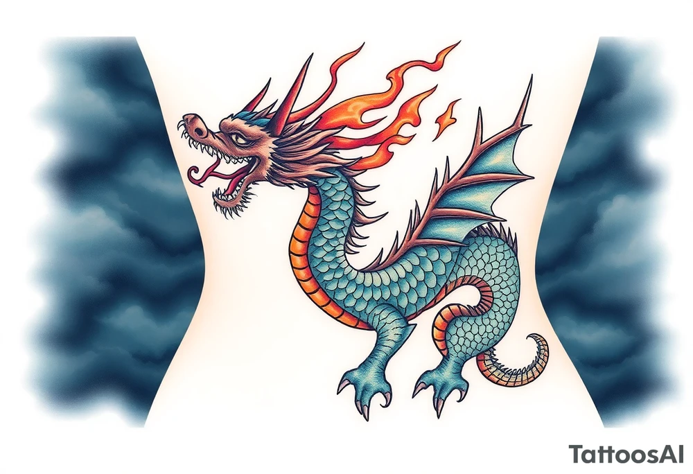 fierce dragon breathing iridescent fire against stormy skies tattoo idea