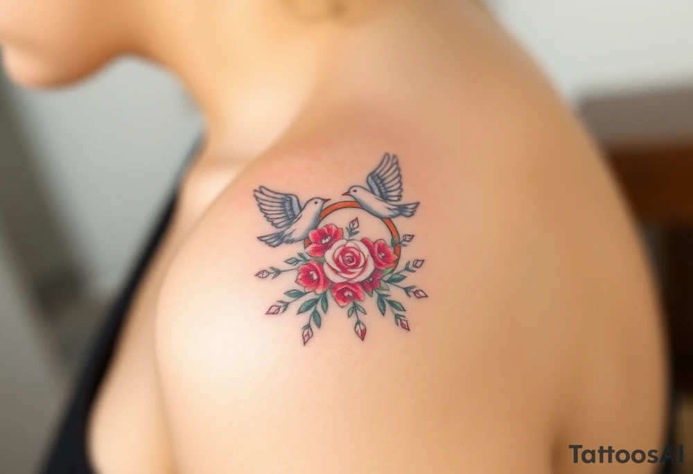wedding ring with wedding bouquet, doves, hearts tattoo tattoo idea