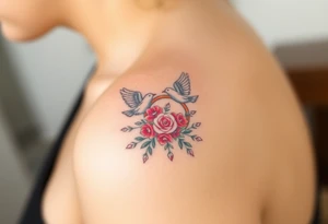 wedding ring with wedding bouquet, doves, hearts tattoo tattoo idea