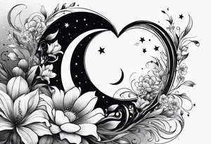 Crescent moon with a heart inside, shrouded by beautiful flowers with wisps of mist tattoo idea