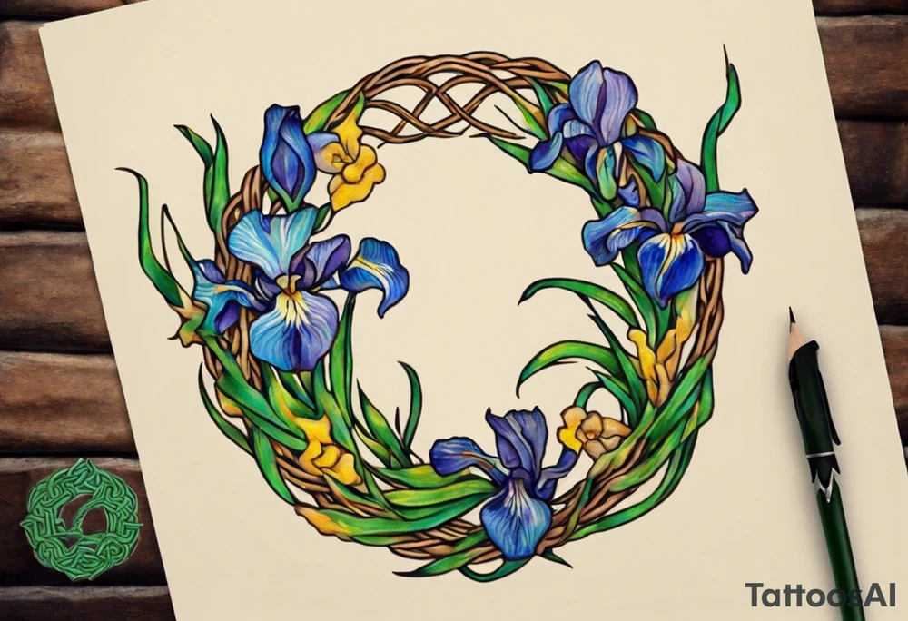 Create a small, colorful Vincent van Gogh Irises tattoo in the form of a crescent, with vines in Celtic knot style gracefully intertwining at a central point in the middle of the wreath. The intended placement is on the upper chest. The middle needs mountains. The overall design should be small in size while maintaining a delicate and artistic aesthetic. Pay attention to the graceful flow of the vines and the placement of the irises to achieve a refined and elegant look. tattoo idea