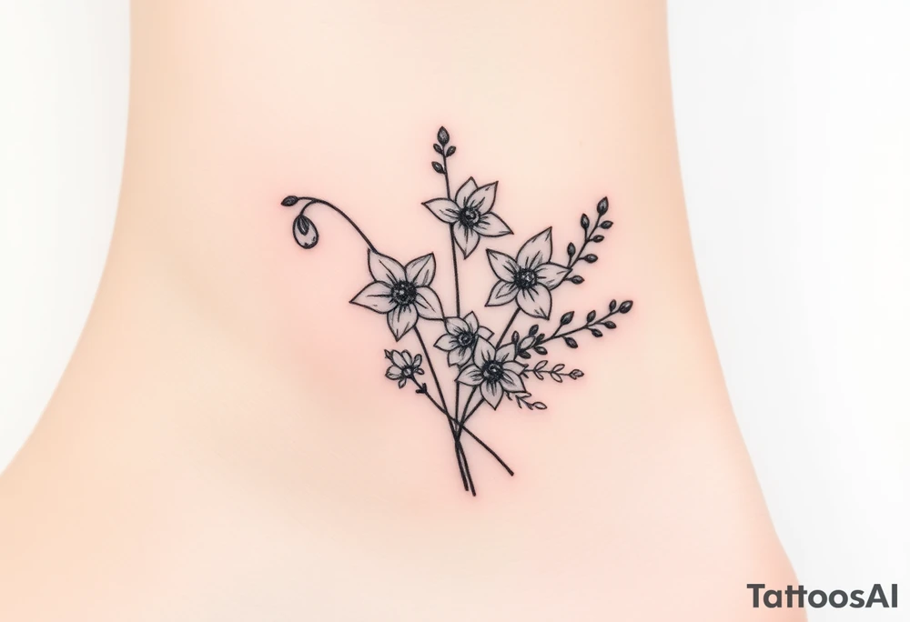 Bouquet of birth months flowers Lilly of the valley, daffodil, larkspur and Ilex aquifolium with berries tattoo idea