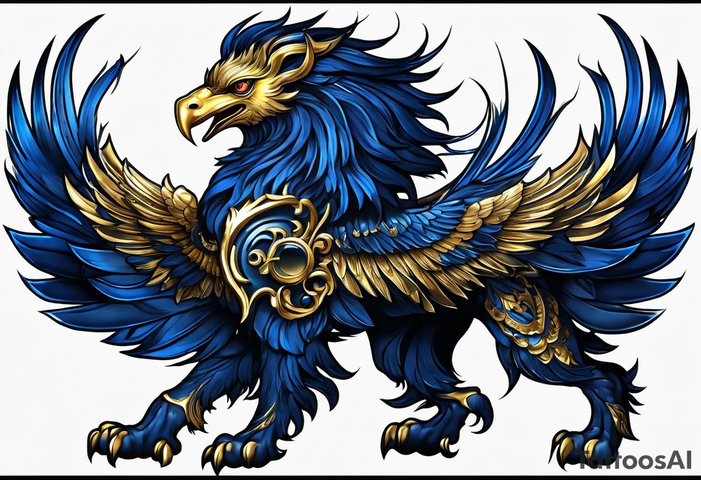 Dark blue, almost black matallic griffin with golden and silver accents. tattoo idea