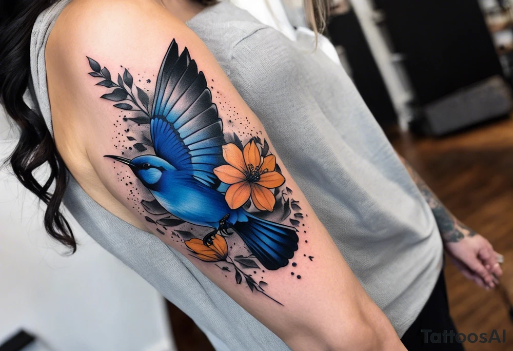 Rocky mountain peak with mountain blue birds and monarch butterflies with wild prairie roses for a half sleeve tattoo idea
