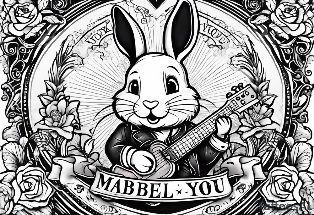 The tattoo is hand drawn. 

Theres a bunny jumping over an axe. Theres a small dog face with the words “Mabel loves you” underneath tattoo idea