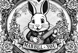 The tattoo is hand drawn. 

Theres a bunny jumping over an axe. Theres a small dog face with the words “Mabel loves you” underneath tattoo idea