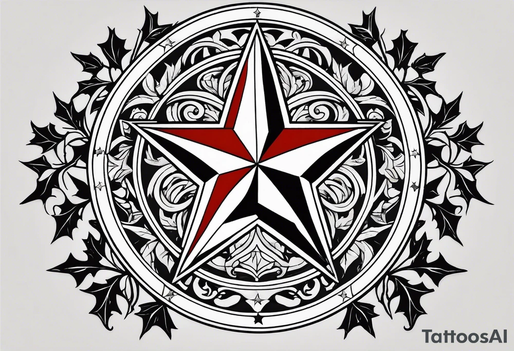 Texas star with a ring around it. Thick ivy in the background. Design bordered with thick lines on the top and bottom. Black with red highlights tattoo idea