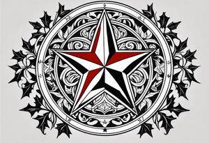 Texas star with a ring around it. Thick ivy in the background. Design bordered with thick lines on the top and bottom. Black with red highlights tattoo idea