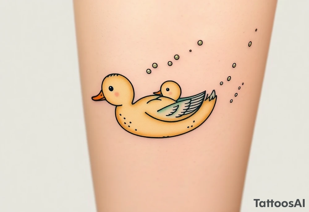 A mother and baby duck swimming together, leaving trails of tiny bubbles, in sea-green and sandy beige tones, representing lifelong guidance and patience tattoo idea