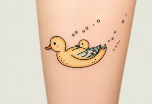 A mother and baby duck swimming together, leaving trails of tiny bubbles, in sea-green and sandy beige tones, representing lifelong guidance and patience tattoo idea