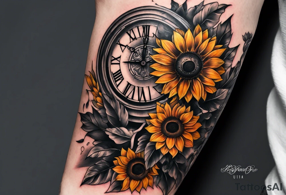 Sleeve with Roman numeral and sunflowers tattoo idea