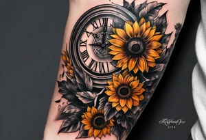 Sleeve with Roman numeral and sunflowers tattoo idea
