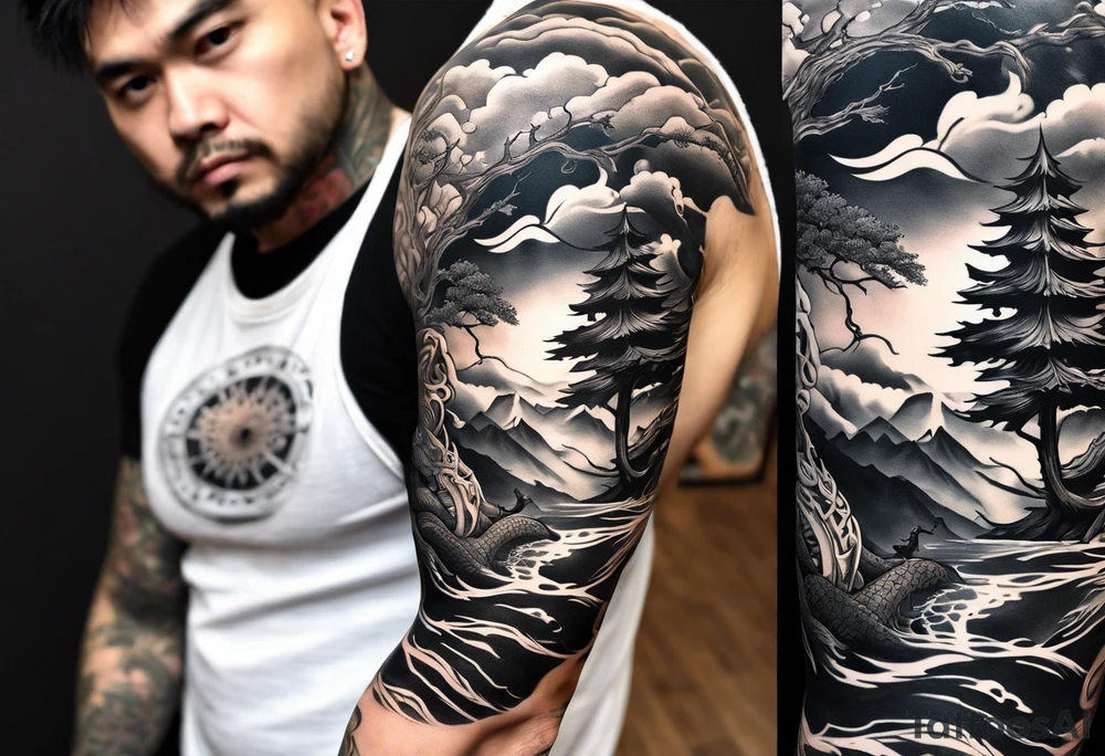 Full arm sleeve, tree going up to shoulder dead tree going down to wrist, wrapped in a serpent moving down with mountain, water, and demon tattoo idea