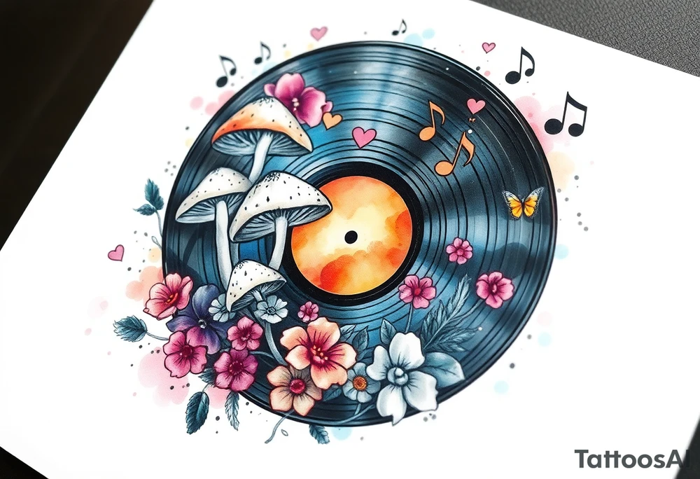 vinyl record with mushrooms, flowers, hearts, and music notes tattoo idea